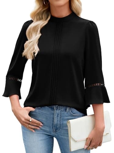 Funlingo Womens 3/4 Sleeve Tops Business Casual Tunic Blouses Dressy Mock Neck 2026 Spring Black Shirt Office Work Lace Clothes 2XL - Image 1