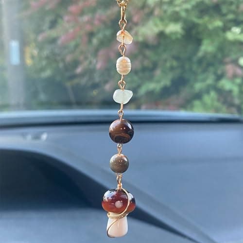 Mushroom Car Accessories for Women Cute Mushroom Hanging Ornament Boho Rear View Mirror Accessories Interior Car Decor Bag Charms Gifts for Women Girls (Brown) - Image 1