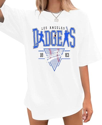 ASTANFY Women's Oversized Baseball Game Day Shirt - White, Large, Short Sleeve, Crew Neck, Letter Print - Image 1