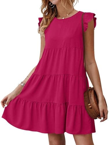 KIRUNDO Valentines Dress for Women Summer Sleeveless Ruffle Sleeve Round Neck Loose Short Flowy Pleated Mini Babydoll Sundresses(Rose Red, Large) - Image 1