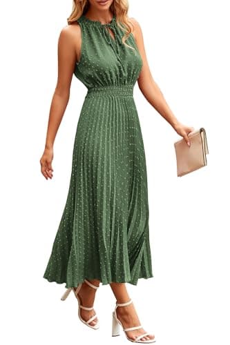 PRETTYGARDEN Women's Midi Summer Dresses Casual V Neck Swiss Dot Ruffle Sleeveless A Line Beach Sun Dress (Green,X-Large) - Image 1