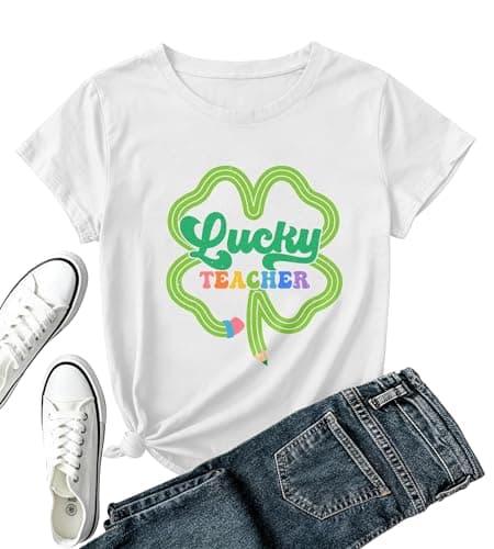 St Patricks Day Teacher Shirt Women-Lucky Teacher Short Sleeve Luck Clover Women Tee Tops Irish T-Shirt - Image 1