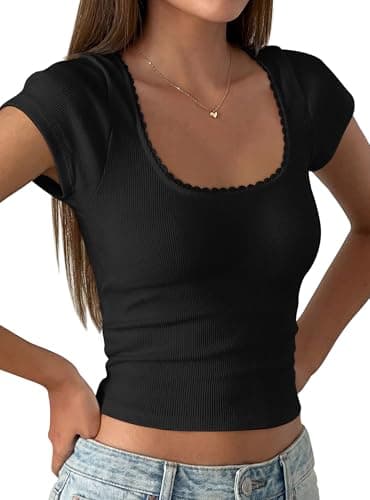 PRETTYGARDEN Women's Short Sleeve Tops 2026 Summer Lace Trim Square Neck Slim Fitted Going Out Basic Tee Shirts Y2K Clothes (Black,X-Small) - Image 1