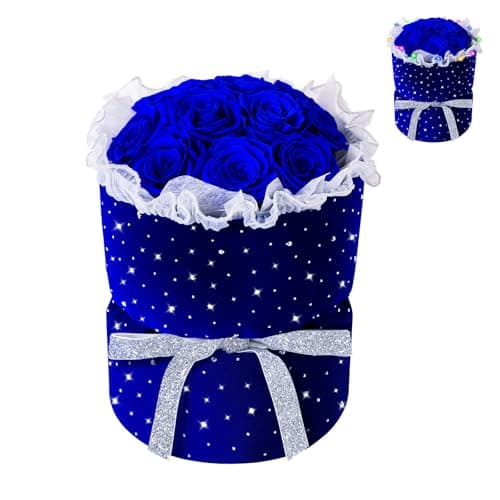 Vryblos Forever Blue Roses Bouquet Preserved Flowers with Lights for Delivery, 100% Real Immortal Eternal Flower with Rhinestones in Velvet Box,Birthday for Her Mom Women Wife Girlfriend - Image 1