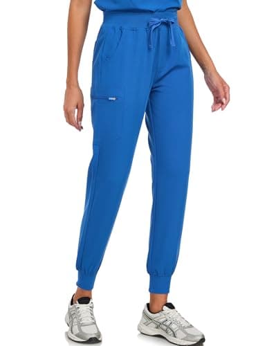 VECARDI Scrub Pants for Women Four Way Stretch Yoga Joggers High Rise Zipper Cargo Pants with 5 Pockets Royal Blue - Image 1