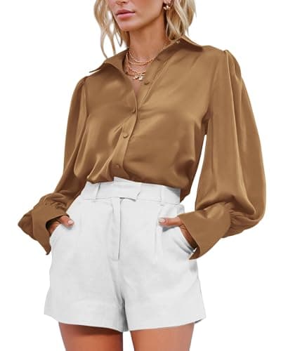 BTFBM Women Satin Blouses Summer Fall Clothes Button Down Lantern Long Sleeve Shirts Work Business Casual Dressy Tops(Brown, X-Large) - Image 1
