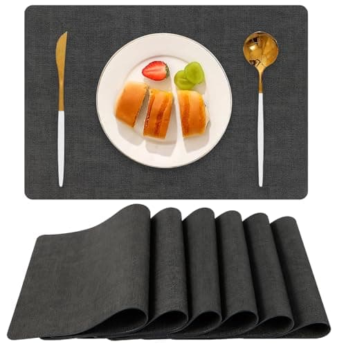 Boobezeen Faux Leather Placemats Set of 6, Heat Resistant Wipeable Washable Vinyl Place Mats, Waterproof Anti-Slip Dining Table Mats, Suitable for Indoor & Outdoor Use (Dark Grey) - Image 1