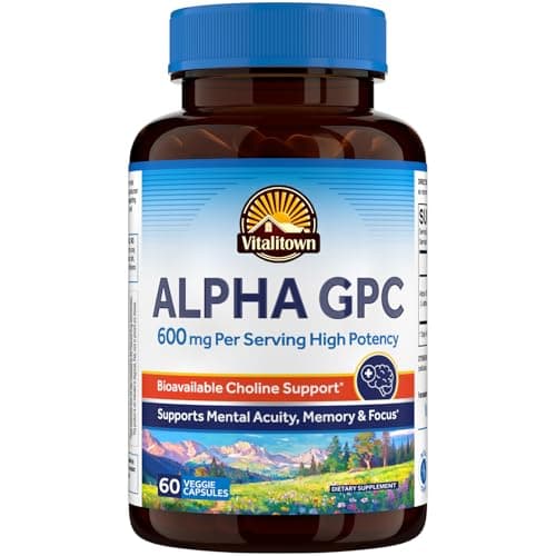 Vitalitown Alpha GPC Supplement 600 mg, Bioavailable Source of Choline, Acetylcholine Precursor, Non-GMO, for Brain Health, Memory, Focus & Cognitive Support, 60 Veg Caps - Image 1