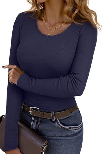 Dokotoo Thermal Shirts for Women Crew Neck Long Sleeve Tops 2026 Spring Winter Casual Pullover Lightweight Slim Fitted Thermal Underwear Base Layer Blouse Comfort Medium Navy Blue - Image 1