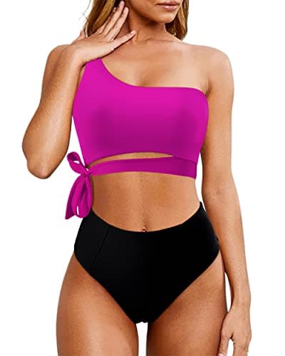 MOOSLOVER Women One Shoulder High Waisted Bikini Tie High Cut Two Piece Swimsuits(L,Rose Red-Black) - Image 1