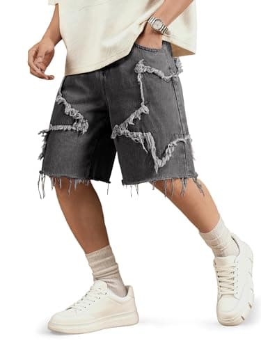 JMIERR Men's Jeans Shorts Baggy Loose Fit Knee-Length Jorts Mid Rise Wide Leg Vintage Y2K Hip Hop Streetwear Denim Shorts, Black, X-Small - Image 1