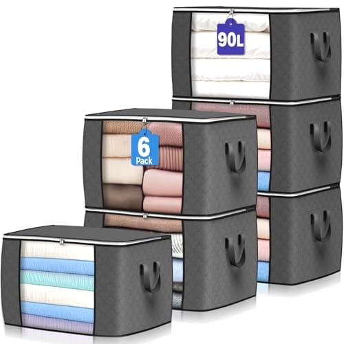 90 L Large Storage Bags, 6 Pack Clothes Storage Bins Foldable Closet Organizers Storage Containers with Reinforced Handle for Clothing, Blanket, Comforters, Bed Sheets, Pillows and Toys (Gray) - Image 1