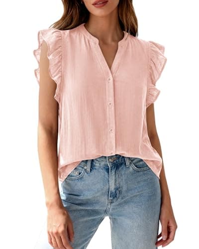 Zenlonr Womens Short Ruffle Sleeve Shirts V Neck Button Down Shirt Solid Color Going Out Spring Tops(Pink,Medium) - Image 1