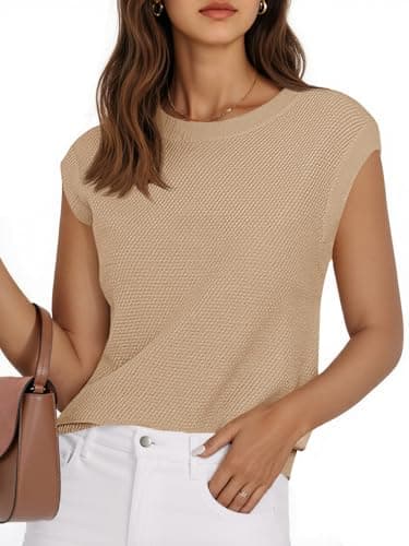 Saodimallsu Womens Cap Sleeve Sweater Tops Casual Crewneck Lightweight Knit Loose Summer Sleeveless Sweater Vest Khaki - Image 1