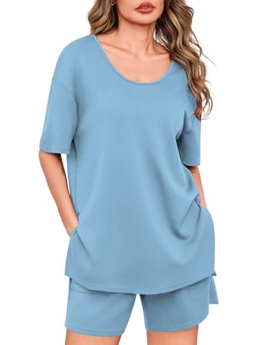 Totatuit Women's Oversized T-Shirt and Shorts Set 2 Piece Summer Outfits High Waisted Lounge Sets with Pockets Casual Travel Clothes Light Blue Medium - Image 1