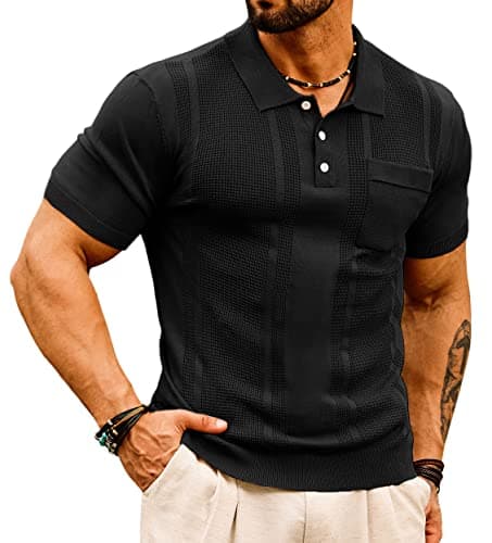 GRACE KARIN Mens Waffle Polo Shirts Lightweight Solid Knitted Short Sleeve Golf Shirts for School Black 2XL - Image 1