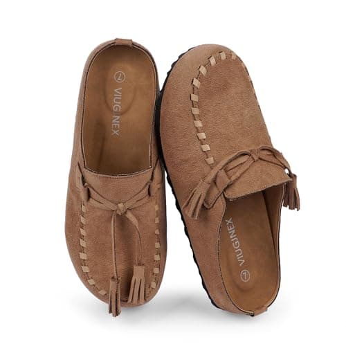 VIUGJNEX Clogs for Women Tassel Fringe Slip on Mules Comfortable Footbed Faux Suede Clogs Loafers Round Toe Womens Potato Shoes with Arch Support Walking Casual Flats Shoes Tan Size 6 - Image 1