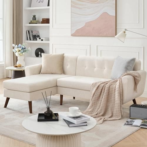 Tbfit L Shaped Couch Sofa, 80" W Mid-Century Modern Sectional Couches, 3 Seater Sofas with Wide Chaise Lounge, Button Tufted Upholstered Sectional Sofa for Living Room, Bedroom, Beige - Image 1