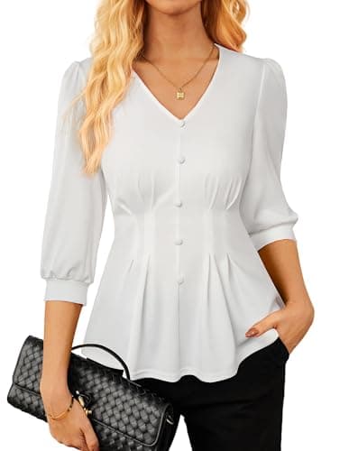 GRACE KARIN Women Business Casual Tops, 2026 Spring Trendy Dressy Blouses, 3/4 Sleeve V Neck Work Shirts White XX-Large - Image 1