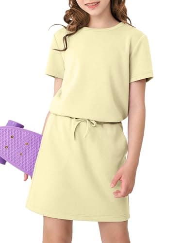 XMWEALTHY Two Piece Sets for Girls Summer Outfits Short Sleeve Tops Drawstring Skorts with Pockets Casual School Kids Clothing Set Size 7-8 Light Blue - Image 1