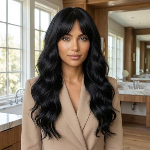 QITAQOTA 26 Inch Natural Black Body Wave Wig for Women with Air Bangs - Heat Resistant Synthetic Wig, Breathable Cap & Free Wig Cap, for Daily Wear, Cosplay, Date & Party - Image 1