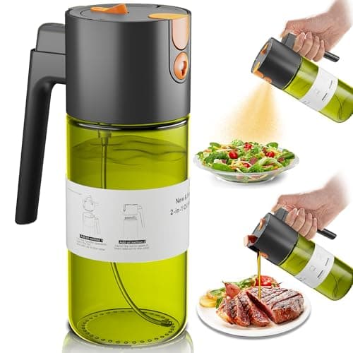OURCABECUE Upgrade 2 in 1 Oil Sprayer for Cooking, 17oz Light-Blocking Glass Olive Oil Dispenser Bottle for Kitchen, Food-Grade Oil Mister with 8 Stickers for Salad, Frying (Green Bottle-Black Gap) - Image 1