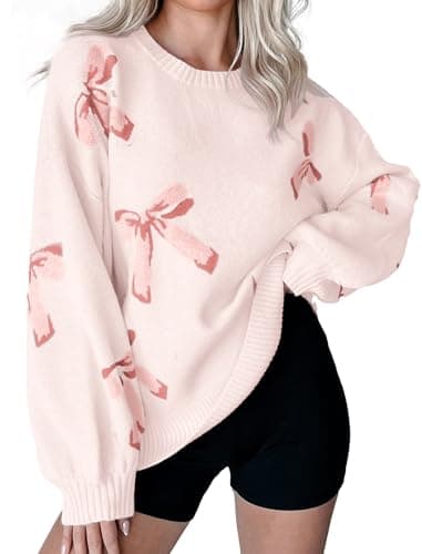 Libsorge Womens Valentine Bow Sweater 2026 Valentines Day Trendy Cute Oversized Bows Long Sleeve Pullover Sweaters Light Pink XL - Image 1