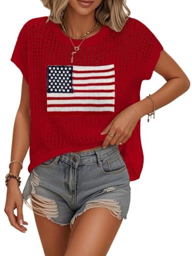 Bellcoco Crochet Tops for Women Summer Vacation Outfits Beach Cover Ups Cute Hollow Out Pullover American Flag 4th of July Sweater Vest Cap Sleeve Clothes 2026 Flag Red X-Large - Image 1