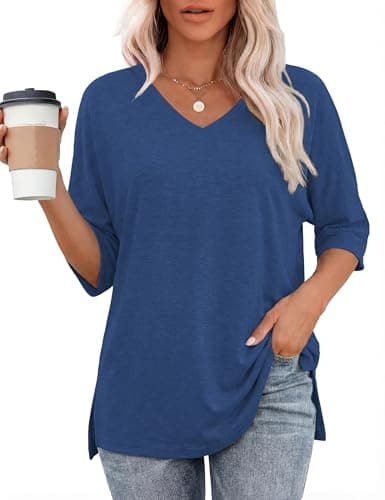 Totatuit Ladies Short Sleeve Tops Split Hem V Neck Blouses for Women Business Casual Spring Plain Tunic Navy Blue S - Image 1