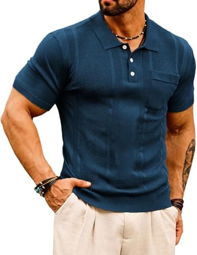 Men Slim Fit Polo Shirs for Men Summer Breathable Retro Italian Classic Knits Golf Polo Shirts for Men Navy Blue XXL - Image 1
