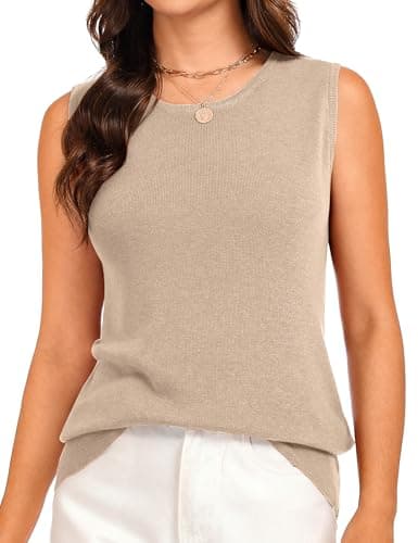 Totatuit Women's Sleeveless Sweater Vest 2026 Summer Crew Neck Ribbed Knit Lightweight Pullover Casual Loose Fit Tank Tops Apricot Large - Image 1