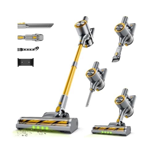 Shieal Cordless Stick Vacuum Cleaner - 45KPA Powerful Suction Vacuum with 45 Min Runtime, Detachable Battery, Anti-Tangle & 1.5L Dust Cup, 8 in 1 Vacuum Cleaner for Pet Hair, Carpet, HardFloor, Yellow - Image 1