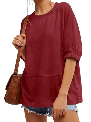 Tankaneo Oversized Tshirts for Women Summer Half Sleeve Tops Casual Crewneck Baggy Tunic Loose Fit Basic Tees Spring Clothes Wine Red - Image 1