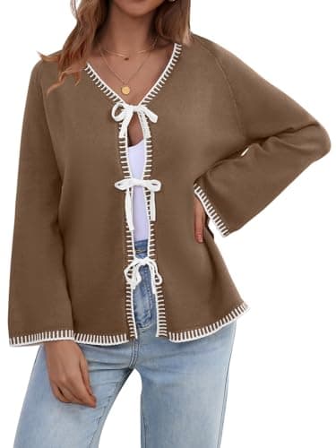 JUYUEO Womens Cardigan Sweaters Trendy 2025 Fall Long Sleeve V Neck Chunky Cardigans Winter Open Front Tie Bow Knit Sweater Outfits Coffee L - Image 1