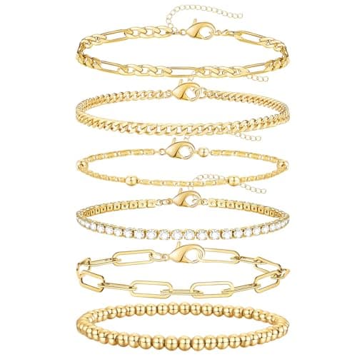 adoyi Gold Bracelets for Women, 14K Gold Plated Stackable Bracelet Stack Set Adjustable Charm Paperclip Chain Cuban Link Layered Waterproof Jewelry Sets Gifts for Womens 6.5 Inch - Image 1