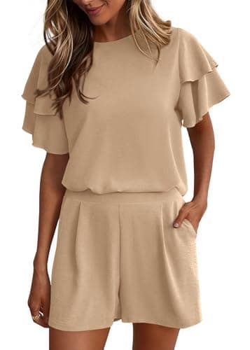 KIRUNDO Two Piece Sets For Women Summer Casual Loose Ruffle Short Sleeve Matching Shorts Sets Beach Vacation Cruise Outfits(Khaki, Small) - Image 1