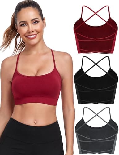 Lusait Sports Bras for Women Medium Support Thin Straps Sexy Criss-Cross Yoga Bra Gym Crop Top for Workout Black+Grey+Red L - Image 1