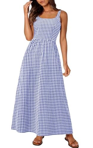 PRETTYGARDEN Women's 2026 Summer Spaghetti Strap Maxi Dresses Plaid Square Neck A Line Casual Beach Vacation Long Sundress (Navy,Small) - Image 1