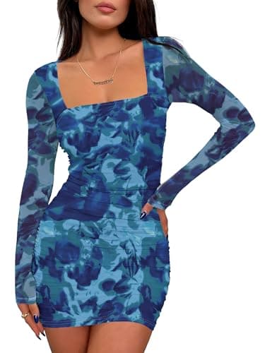 Prinbara Womens Mesh Long Sleeve Square Neck Ruched Mini Dress Sexy Bodycon Elegant Cocktail Evening Club Party Short Dresses Floral Deep Blue X-Large - Image 1