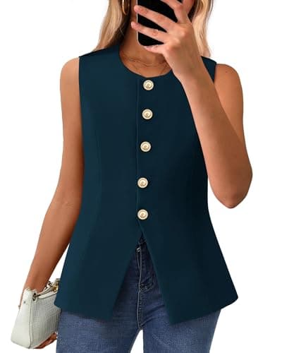BTFBM Summer Sleeveless Blazer Vest For Women Dressy Button Down Round Neck Business Casual Outfits Work Suit Vests Tops(Dark Blue, X-Large) - Image 1