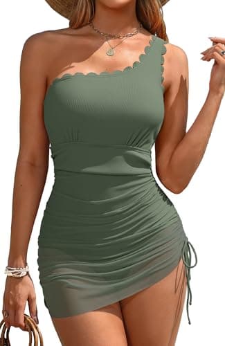 Charmo Swimsuit for Women Modest Scalloped One Shoulder Swimsuit Dress Ribbed Bathing Suit Sheer Shirt Army Green XL - Image 1