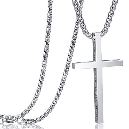 Rehoboth Stainless Steel Cross Pendant Necklaces for Men Women Philippians 4:13 Strength Bible Verse Pendant Chain 24 Inch Silver - Image 1
