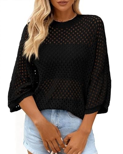 KIRUNDO Crochet Tops for Women Summer Batwing Sleeve Beach Sweaters Lightweight Knit Cover Up Shirts Cruise Vacation Outfits(Black, Small) - Image 1