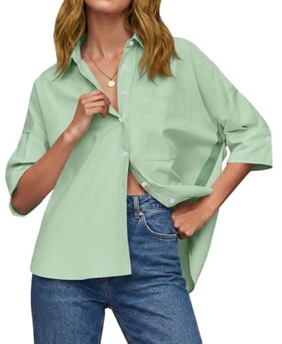Cicy Bell Womens Summer Oversized Button Down Shirts Half Sleeve V Neck Business Casual High Low Tops Loose Fit Blouses Light Green - Image 1