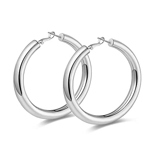 wowshow Silver Hoop Earrings for Women Chunky Silver Hoops Thick Hollow Tube Lightweight Earrings for Mother Birthday Gifts 50MM - Image 1