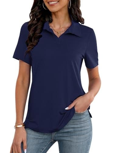 MK Shop Limited Polo Shirts for Women Business Casual Work Lapel Collared Tops V Neck Short Sleeve Summer Quick Dry Golf Polos Tunic Blouse Navy Blue - Image 1