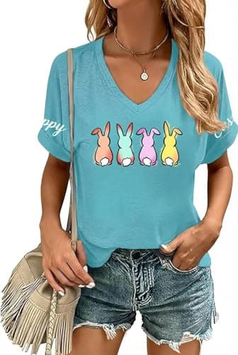 Easter Shirts for Women Happy Bunny with Leopard Bow Shirts Cute Floral Rabbit Graphic Tee - Image 1