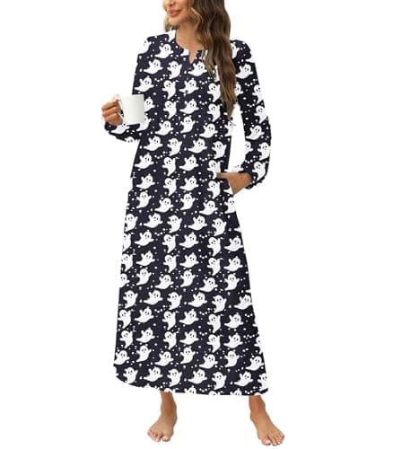ETOSELL Womens Long Sleeve Nightgowns Soft Ladies Night Sleep Shirts Button V Neck Full Length Halloween Lounge PJ Dresses with Pockets - Image 1