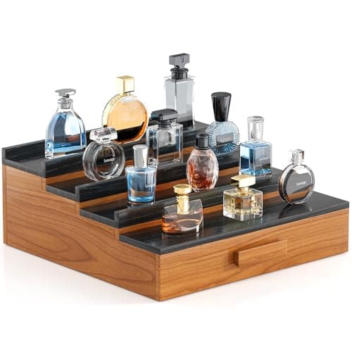 Sueuapp Solid Walnut Cologne Organizer for Men,4 Tier Cologne Stand Display Shelf with Hidden Storage and Drawer,Perfume Stand Organizer,Perfume Holder Great Gift for Men Father - Image 1