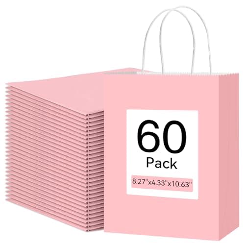 Qioxiou 60 Pack Pink Gift Bags Medium Size Bulk 8.27x4.33x10.63 Kraft Paper Gift Bags with Handles, Pink Paper Sacks for Wedding Birthday Party Favor, Shopping, Business, Retail Merchandise Grocery - Image 1